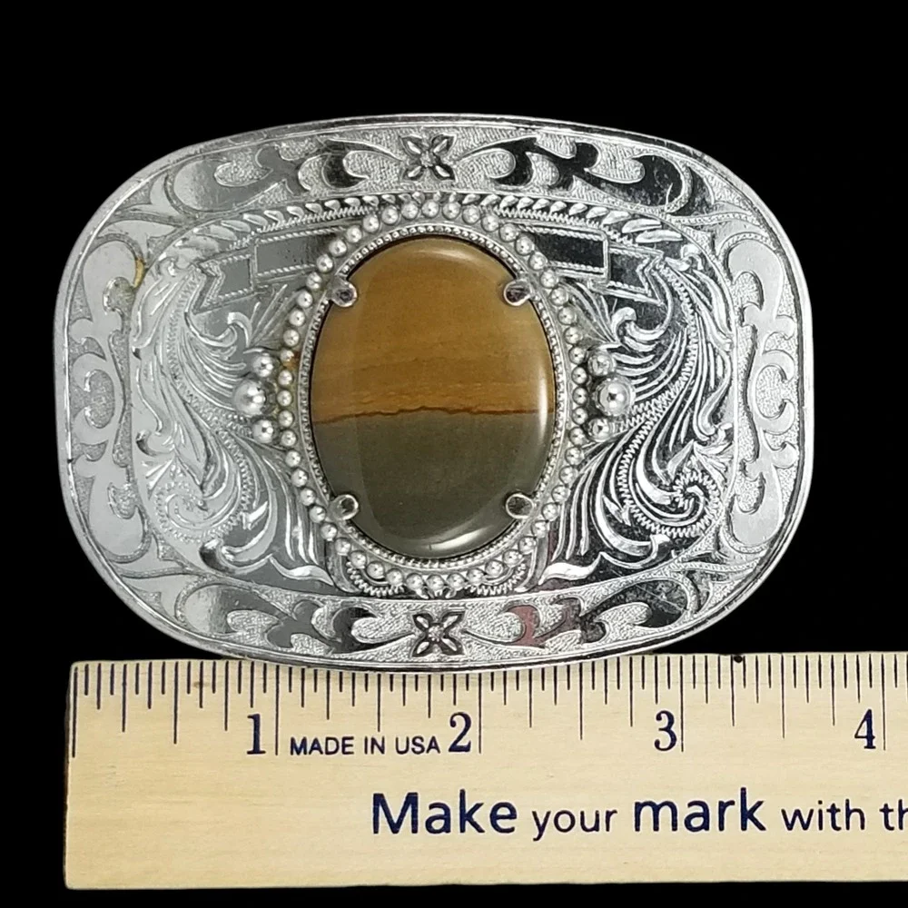 Vintage Western Silver Tone Floral Engraved Belt Buckle‎ with Brown Jasper Stone